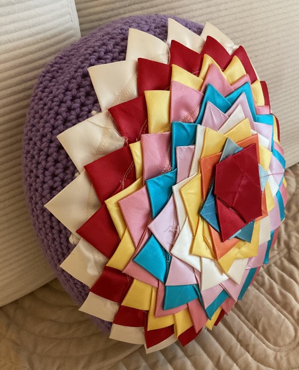 Vintage Round Crochet Granny Throw Pillow Purple Multicolor Handmade 1960’s
